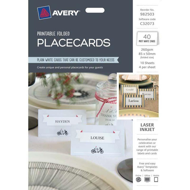 Avery 85x50mm placecards, 10 sheets with 40 customizable cards for events, easy to print on inkjet or laser printers.