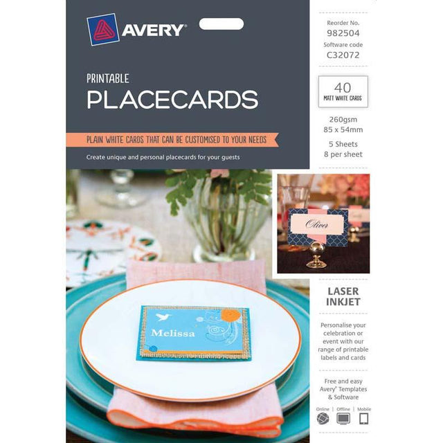 Avery Placecards 85x54mm, 5 sheets for easy printing, perfect for events, customizable with templates for a polished look.