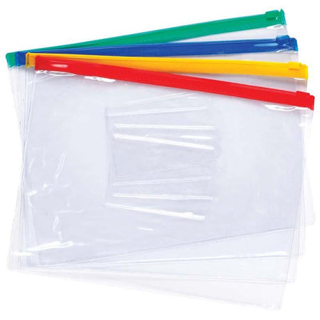 Clear A5 PVC data wallet featuring a business card holder, zip closure, and ring binder compatibility for organized document storage.