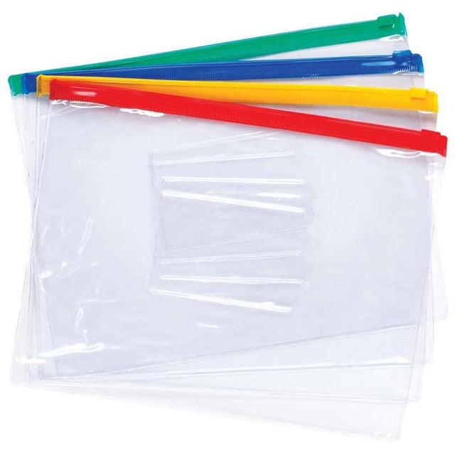 Clear A5 PVC data wallet featuring a business card holder, zip closure, and ring binder compatibility for organized document storage.