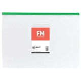 Clear A4 zip wallet in assorted colors with business card holder, perfect for organizing documents and stationery.