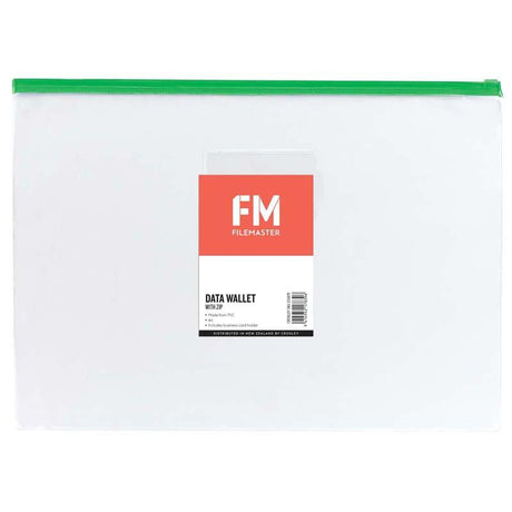 Clear A4 zip wallet in assorted colors with business card holder, perfect for organizing documents and stationery.