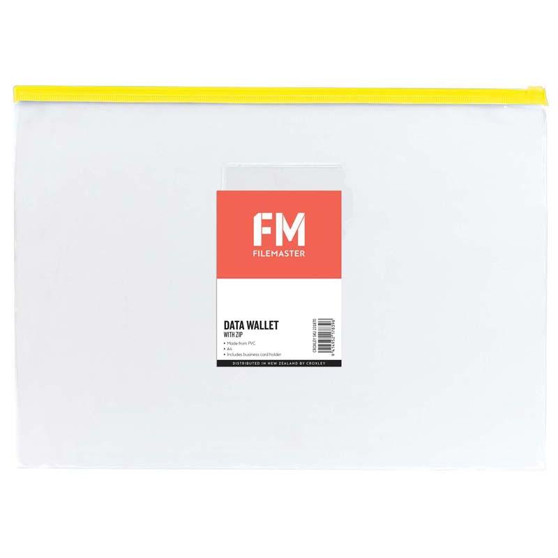 Clear A4 PVC data wallet with zip closure, business card holder, and assorted colors for organizing documents and stationery.