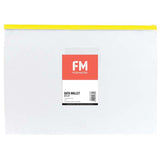 Clear A4 PVC data wallet with zip closure, business card holder, and assorted colors for organizing documents and stationery.
