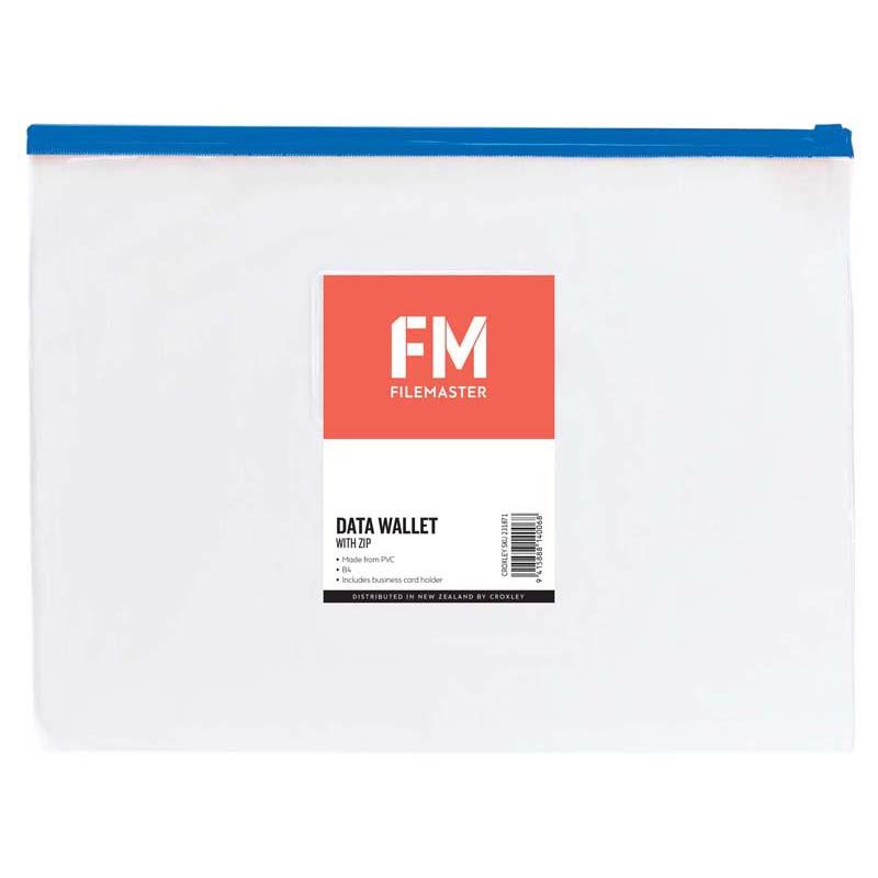 B4 clear PVC data wallet with zip, ideal for organizing documents, includes a business card holder and fits in ring binders.