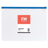 B4 clear PVC data wallet with zip, ideal for organizing documents, includes a business card holder and fits in ring binders.