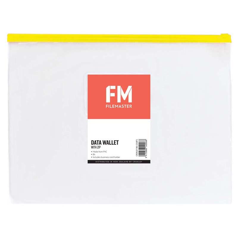 Clear B4 PVC data wallet with zip closure, business card holder, and easy visibility for efficient document organization.