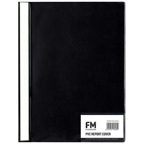 A4 black PVC report cover with business card holder and two-prong fastener, perfect for professional presentations.