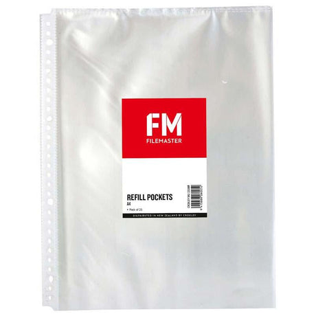 FM Display Book Refill in silver, 25 A4 polypropylene pockets with 30 holes for easy organizing of documents.