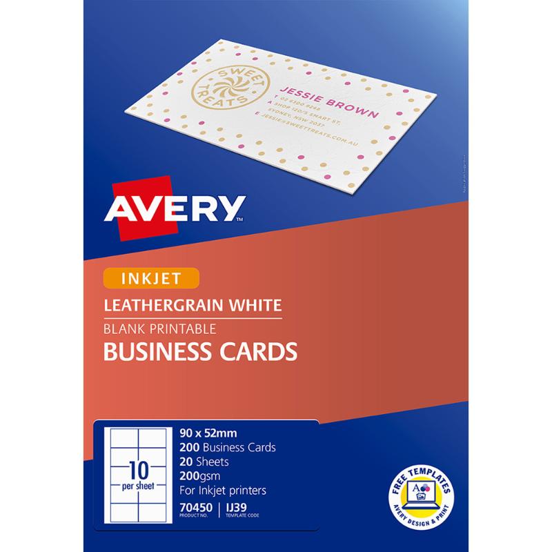 Avery Leathergrain Business Cards, 190gsm, 200 customizable cards with premium finish for inkjet/laser printing.