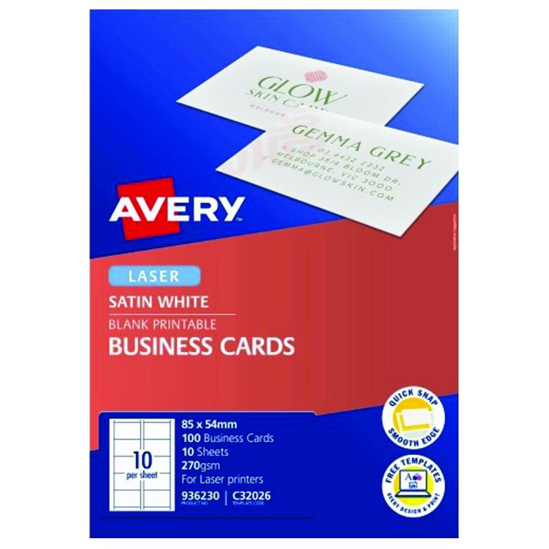 Avery satin finish business cards, 270gsm, double-sided, 100 cards in 10 sheets, ideal for professional networking.