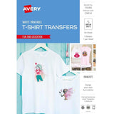 Avery T-shirt transfer sheets for crafting custom apparel, ideal for light fabrics and inkjet printing, pack of 5 A4 sheets.