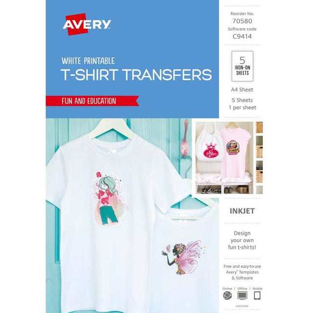 Avery T-shirt transfer sheets for crafting custom apparel, ideal for light fabrics and inkjet printing, pack of 5 A4 sheets.