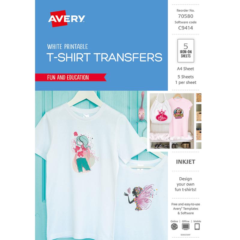 Avery T-shirt transfer sheets for custom designs on light fabrics, featuring 5 A4 white sheets compatible with inkjet printers.