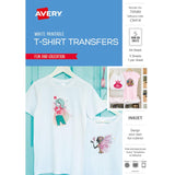 Avery T-shirt transfer sheets for custom designs on light fabrics, featuring 5 A4 white sheets compatible with inkjet printers.