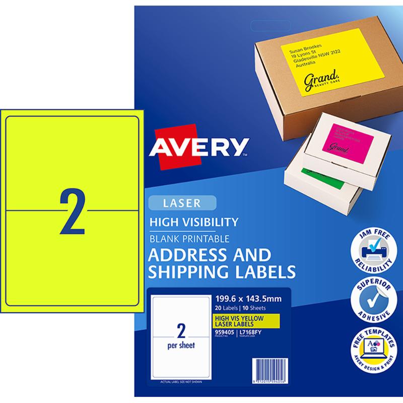 Avery Fluoro Yellow Shipping Labels L7168FY, 199.6x143.5mm, vibrant, laser-compatible, perfect for labeling and organization.