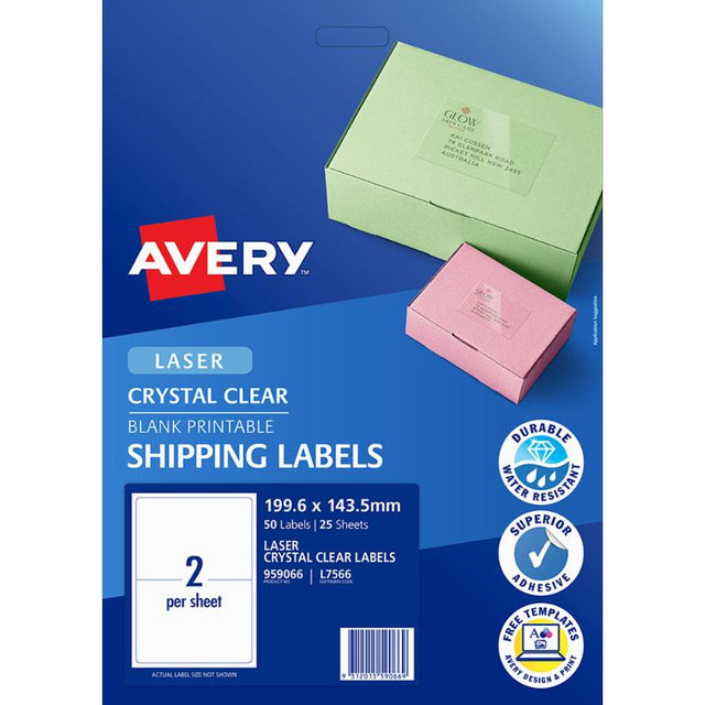 Avery Shipping Labels L7566 in crystal clear polyester, 199.6x143.5mm, 50 labels per pack for seamless printing.