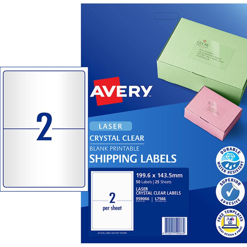 Crystal clear Avery shipping labels (199.6x143.5mm) ensure a seamless, professional look for parcels and gifts, 50 labels total.