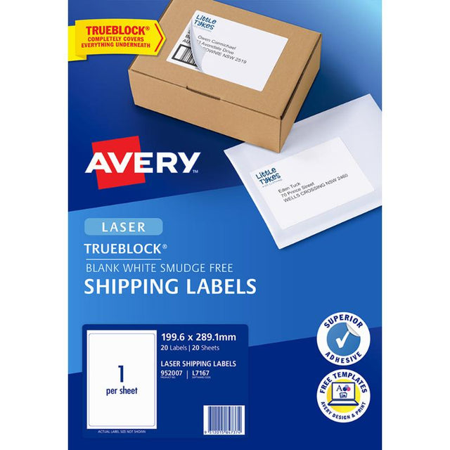 Avery L7167-20 Laser labels on 20 sheets, 199x289mm, featuring TrueBlock technology for seamless, opaque labeling.