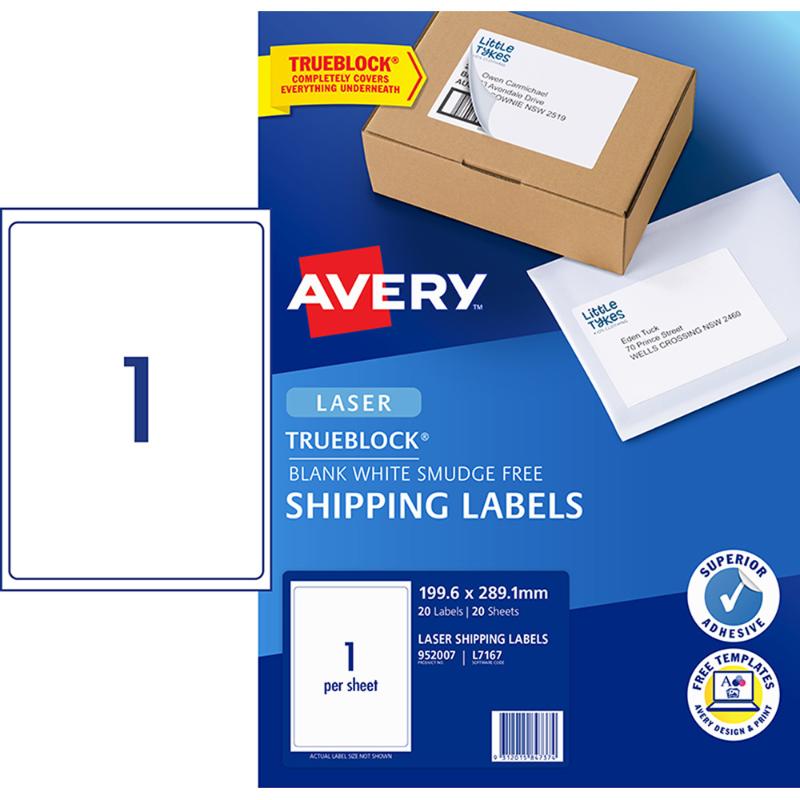 Avery L7167-20 laser labels: 20 high-quality sheets (199x289mm) with TrueBlock technology for seamless shipping and packaging.