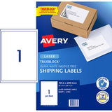 Avery L7167-20 laser labels: 20 high-quality sheets (199x289mm) with TrueBlock technology for seamless shipping and packaging.