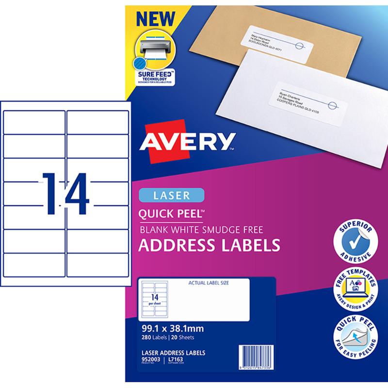 Avery L7163-20 laser labels, 99x38mm, 20 sheets with Quick Peel and Sure Feed technology for easy printing and organizing.