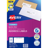 Avery L7159-100 Quick Peel labels in white, 64x33.8mm, 2400 total, designed for efficient laser printing and easy customization.