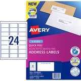 White Avery L7159-100 Quick Peel labels, 64x33.8mm, 2400 total, compatible with laser printers, designed for easy customization.