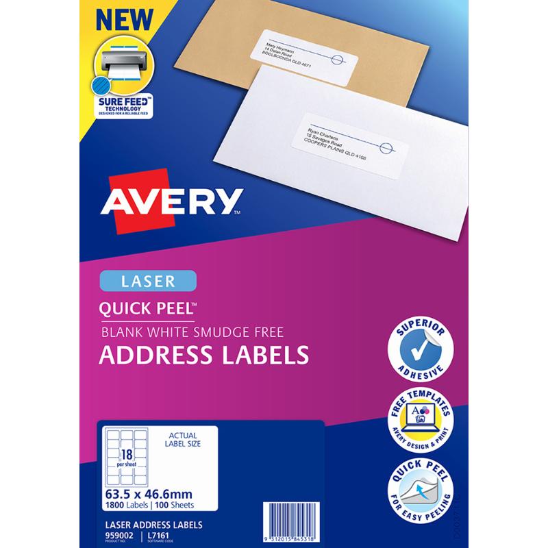 Avery L7161-100 laser labels in 18-up format, 63x46mm, 100 sheets, perfect for efficient and custom labeling.