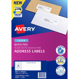 Avery L7162-100 labels, white, 99x34mm, 16 per sheet, 100 sheets, designed for easy printing and quick peel-off use.