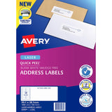 Avery L7163 Quick Peel labels, 99.1x38.1mm, 14-up layout, eco-friendly, efficient printing for business and home labeling tasks.