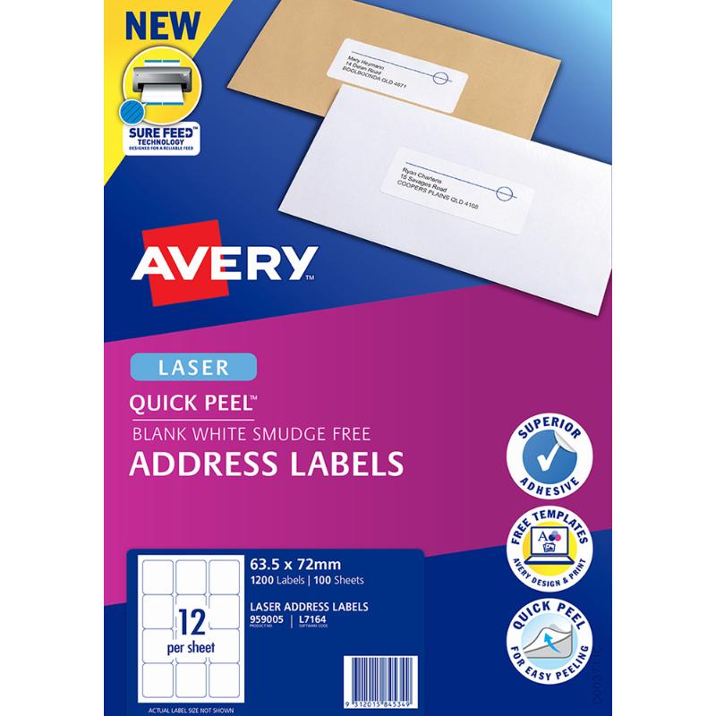 Avery L7164-100 laser labels, 12-up format, 63x72mm, 1200 labels on 100 sheets, ideal for home and business organization.