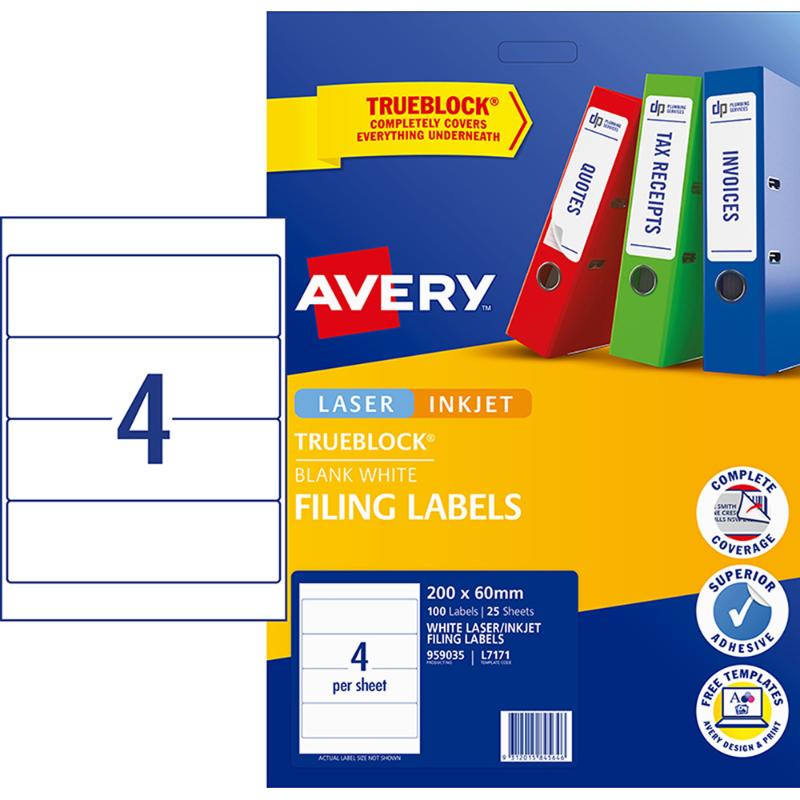 Avery L7171 Lever Arch Labels: 100 white 200x60mm Trueblock labels for easy organization and customization in home or office.