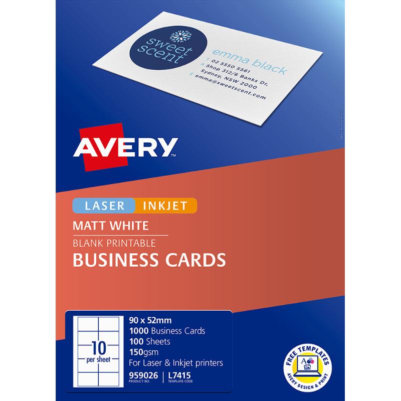 Avery L7415-100 Business Cards, 100 sheets, inkjet/laser, micro-perforated for easy separation, customizable, 90x52mm size.