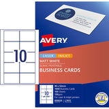 Avery L7415-100 business card sheets, 1000 customizable white cards, compatible with inkjet and laser printers.