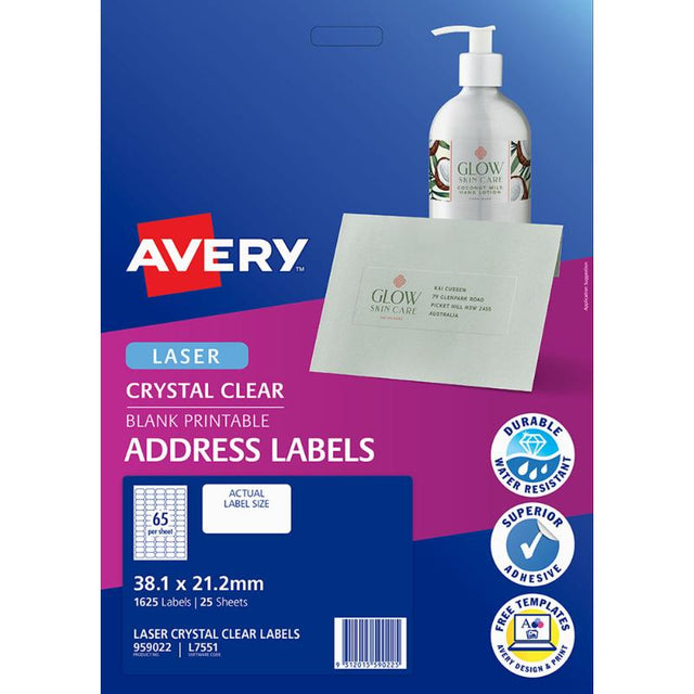 Clear Avery L7551-25 labels, 65 per sheet, 38x21mm, perfect for professional labeling on colored envelopes and invitations.