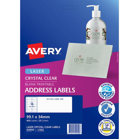 Avery L7562-25 Clear Labels, 99x34mm, 16 per sheet, ideal for elegant invitations and easy customization with laser printers.