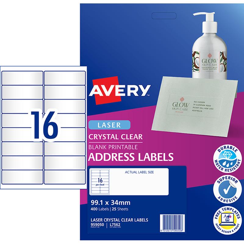 Clear Avery L7562-25 labels on sheets, ideal for custom designs on invitations and envelopes, compatible with laser printers.