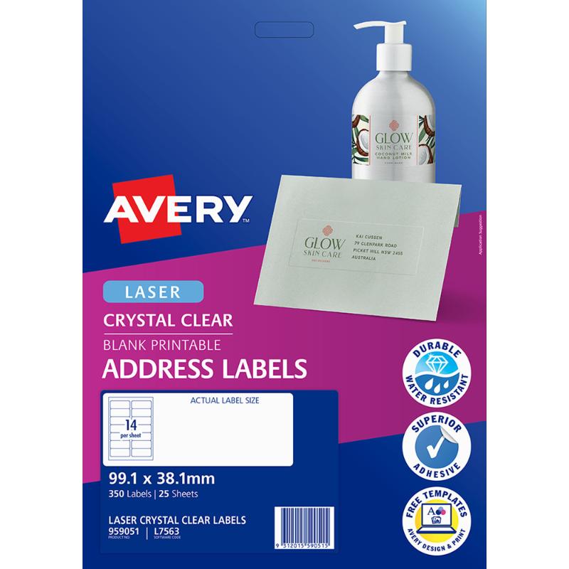 Clear Avery L7563-25 labels on 25 sheets, perfect for addressing and labeling with premium glossy transparency.