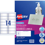 Clear Avery L7563-25 labels, 99x38mm, 25 sheets, ideal for customized printing on colored envelopes and invitations.