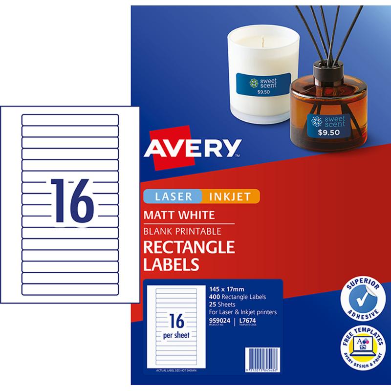 White Avery L7674 laser labels, 145x17mm, 16 per sheet, 25 sheets total; ideal for organizing with permanent adhesive.