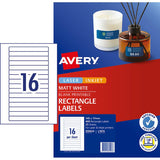 White Avery L7674 laser labels, 145x17mm, 16 per sheet, 25 sheets total; ideal for organizing with permanent adhesive.