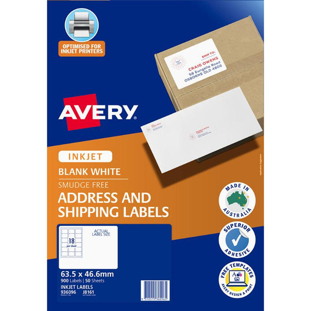 Avery J8161-50 inkjet labels, 63x46mm, 900 labels in 50 sheets, featuring Sure Feed and Quick Peel technologies.