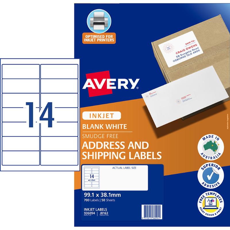 Avery J8163-50 inkjet labels, 14-up, 99x38mm, 700 total, feature Sure Feed and Quick Peel technologies for easy use.