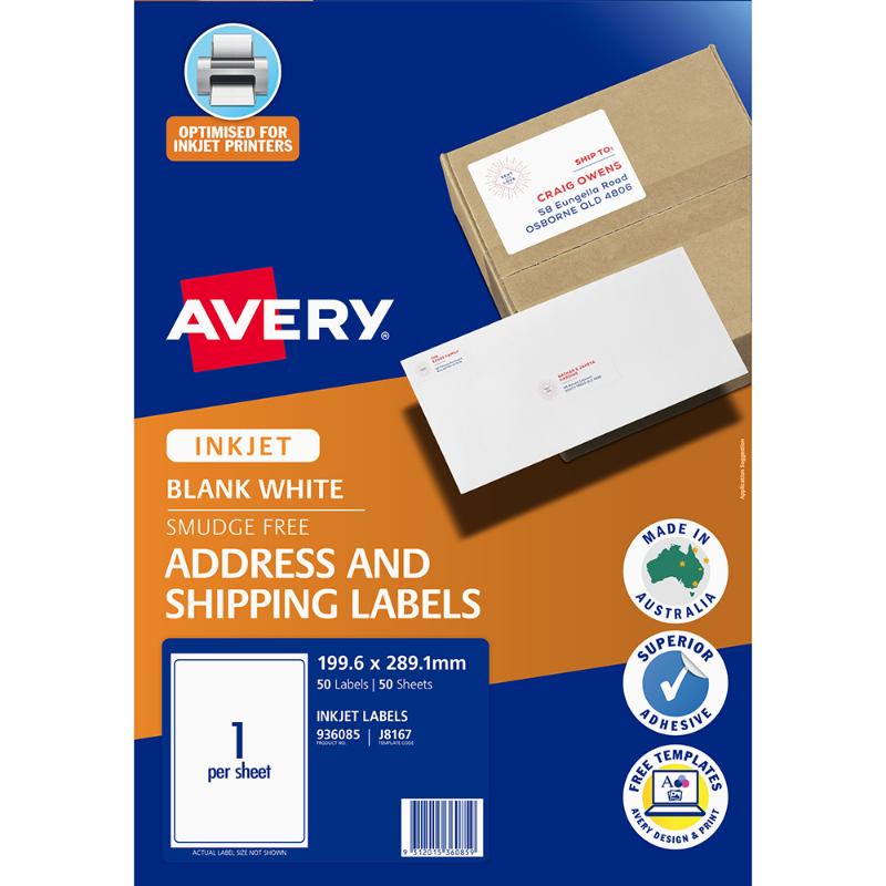 Avery Label J8167-50 Inkjet 1up 50 Sheets 199x289mm