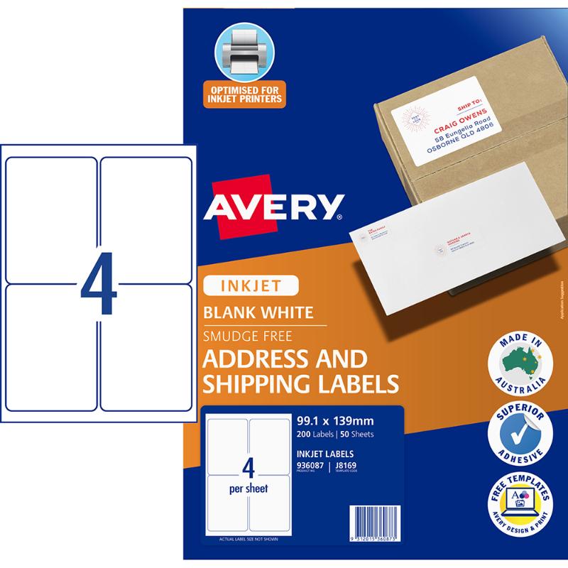 Avery J8169-50 Inkjet labels, 99x139mm, TrueBlock opaque backing for complete re-labeling, 200 labels in 50 sheets.