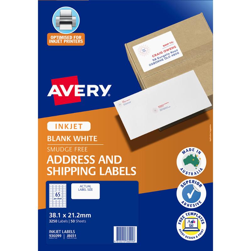 Avery J8651-50 Inkjet Labels, 65 designs per sheet (38x21mm), 3250 labels, smudge-free, Quick Peel, FSC certified.