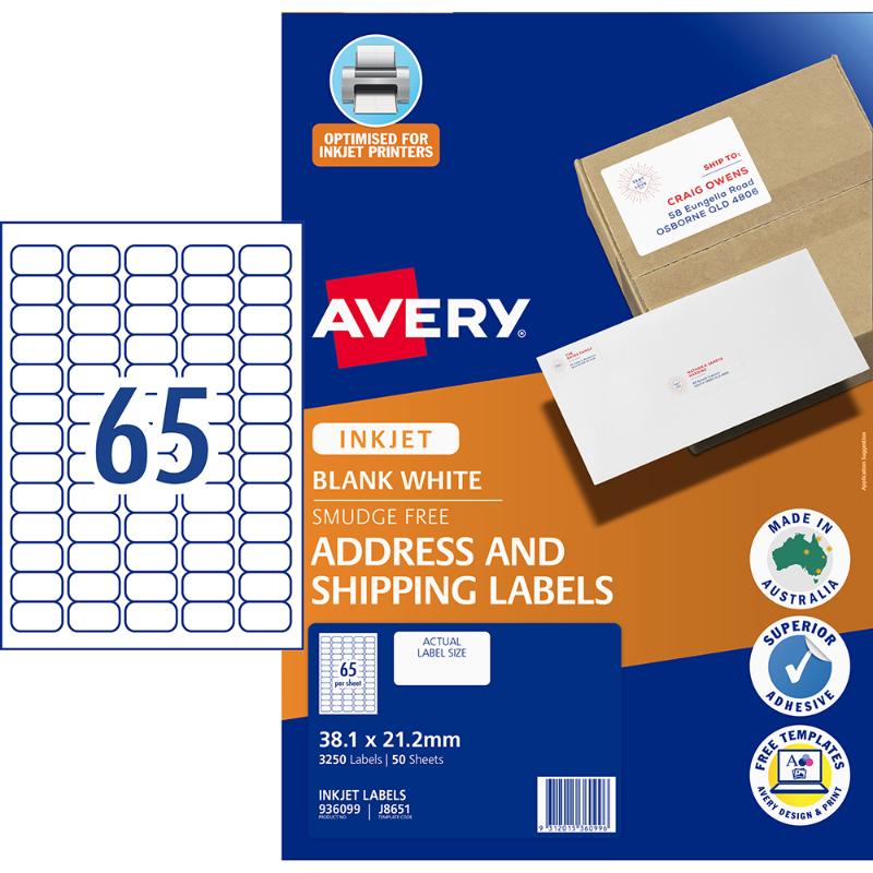 Avery J8651-50 Inkjet Labels, 38x21mm, 3250 high-quality labels, smudge-free finish, ideal for organization and customization.