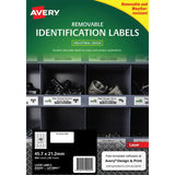 Avery weather-resistant removable label sheets, 45.7x21.2mm, ideal for temporary labeling in various environments.