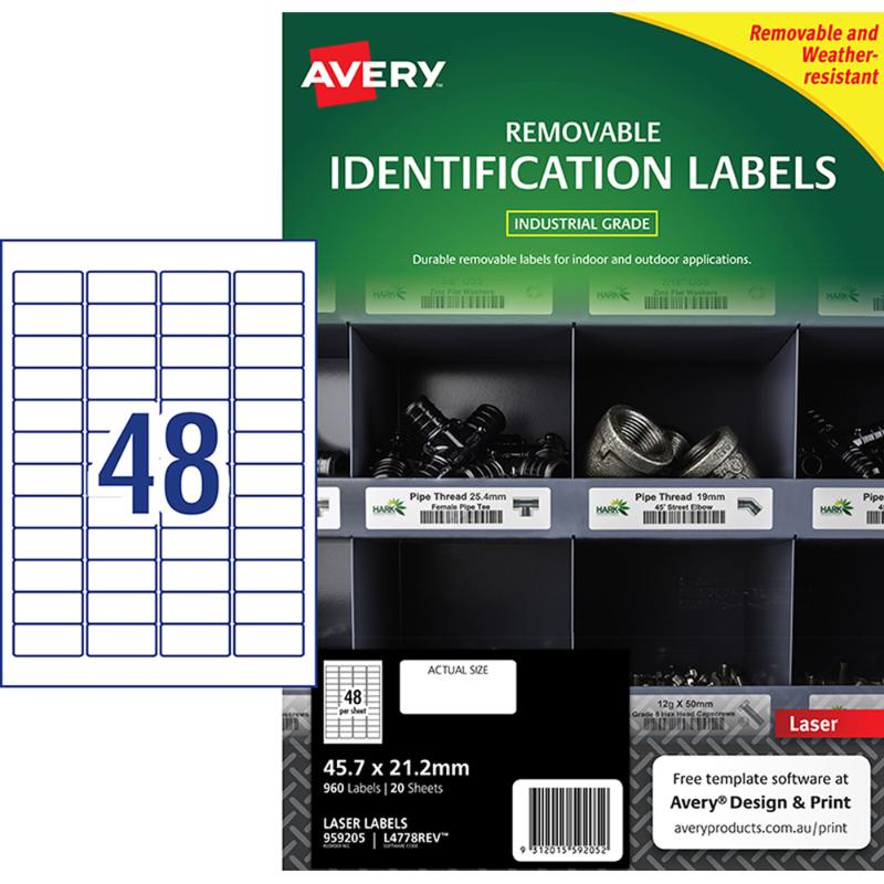 Avery weather-resistant removable labels, 45.7x21.2mm, durable polyester, ideal for temporary labeling in any environment.